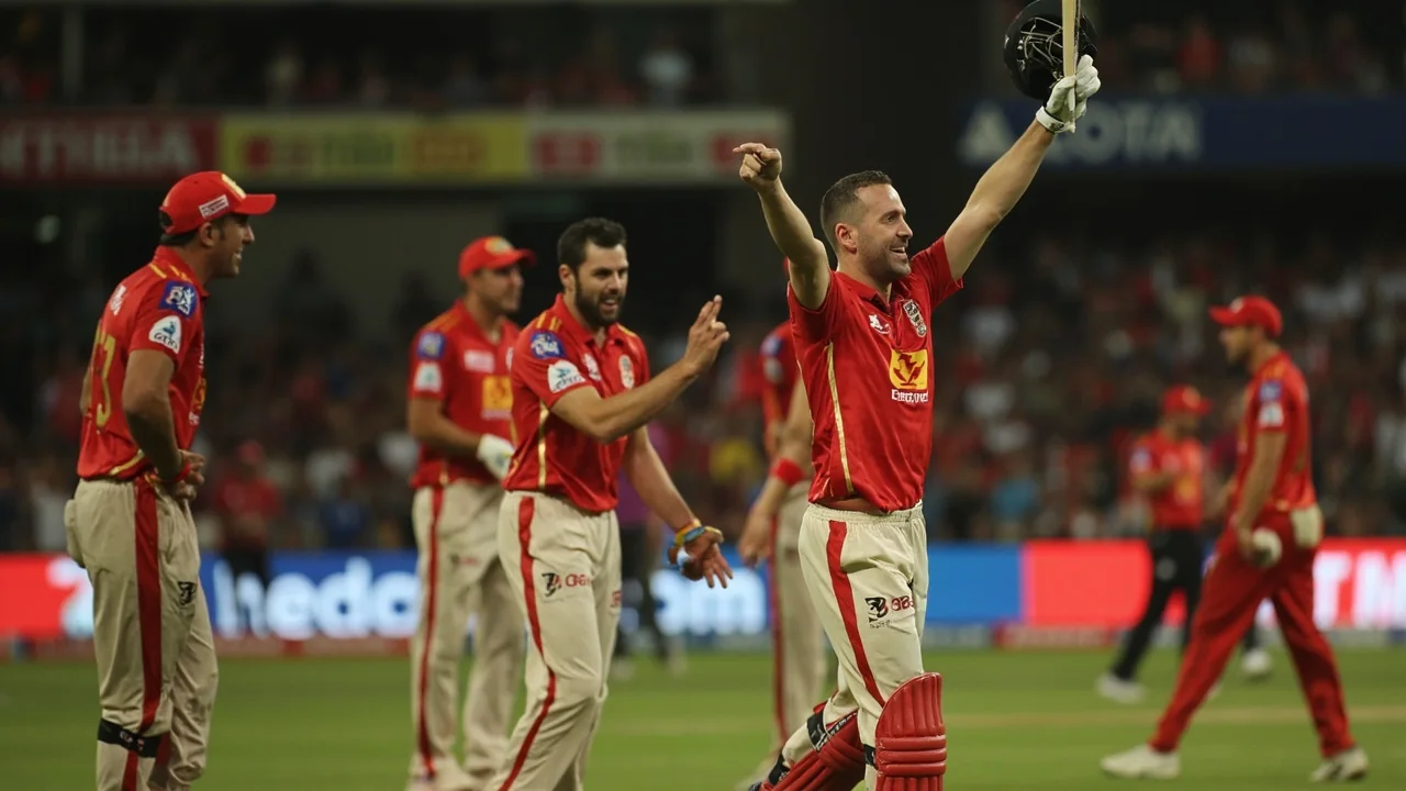Mid-pitch tactical scene with a captain in a coloured jersey consulting with a bowler at the non-striker's end during a T20 match