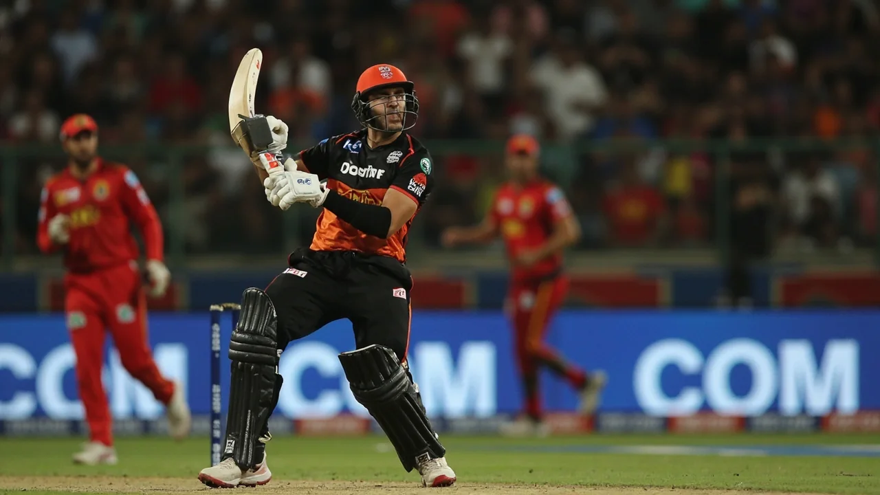 Close-up of a cricket batter in a red shirt driving through the off side under floodlights with the ball mid-flight