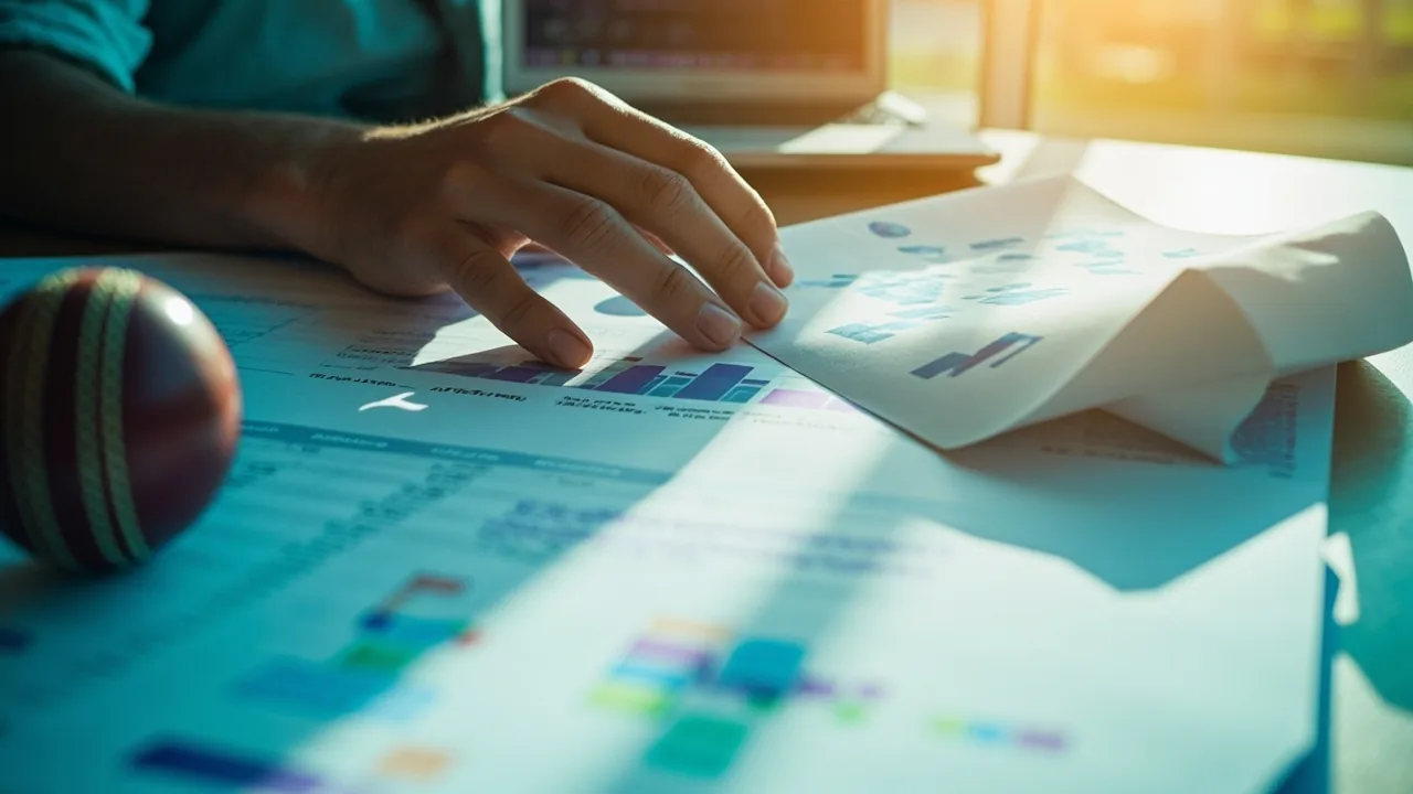 Cricket analyst entering batting bowling and fielding data into a fantasy points worksheet