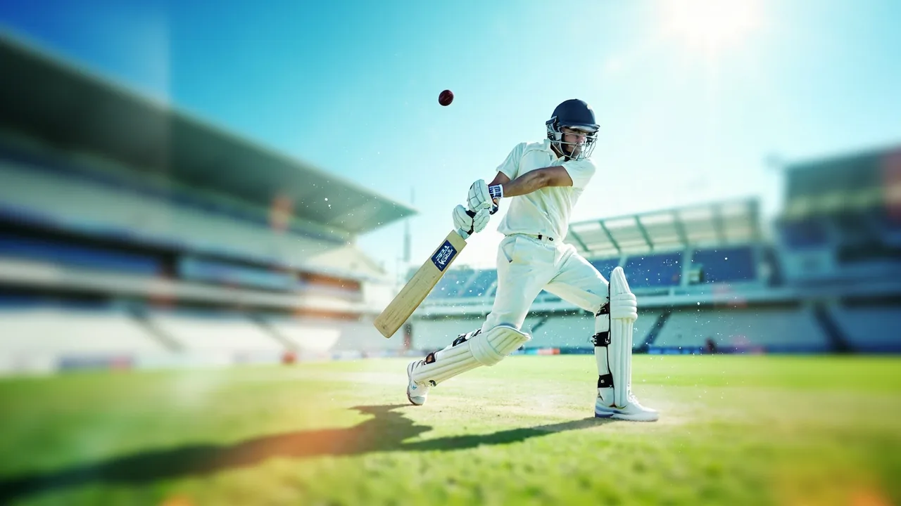 Bright cricket batting action beside a clean fantasy scoring analysis dashboard
