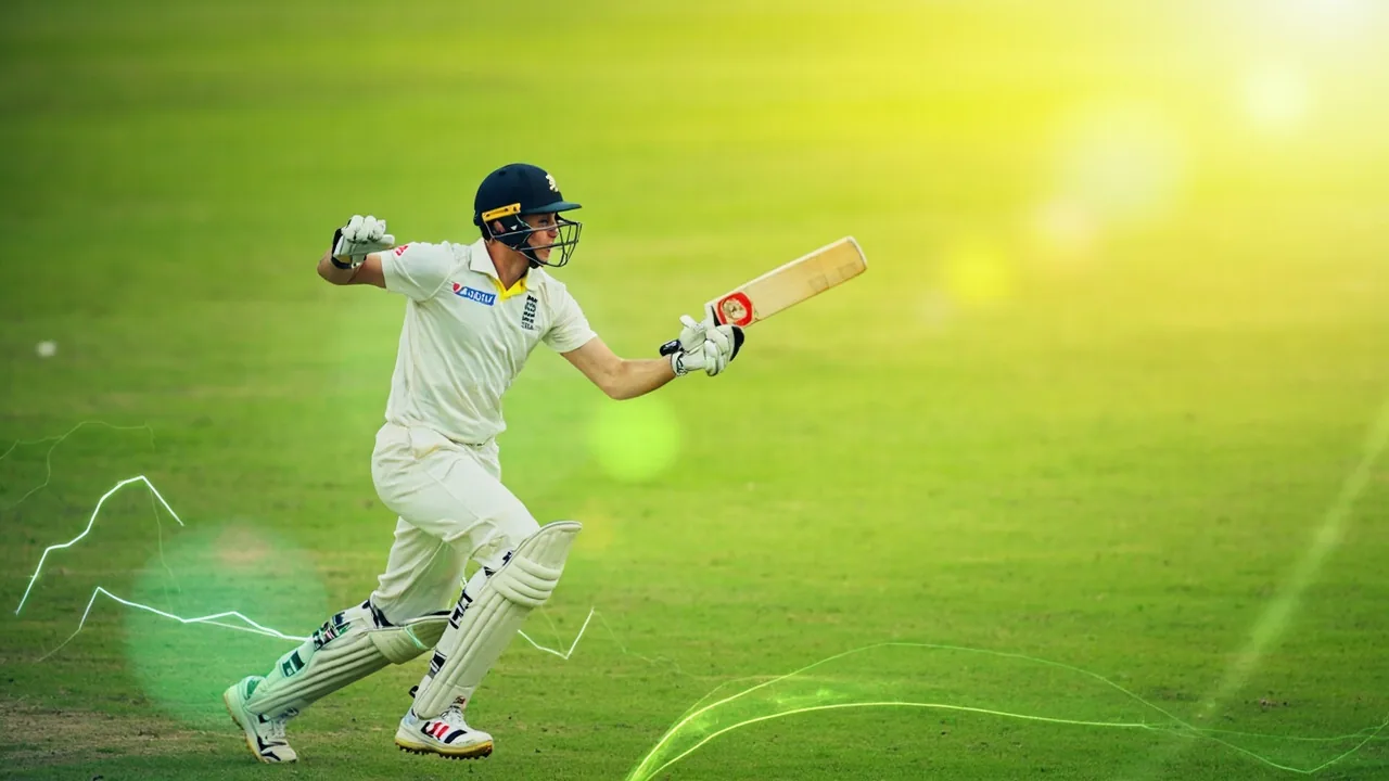 Cricket fielder completing a catch with analytical fantasy point overlays in bright daylight