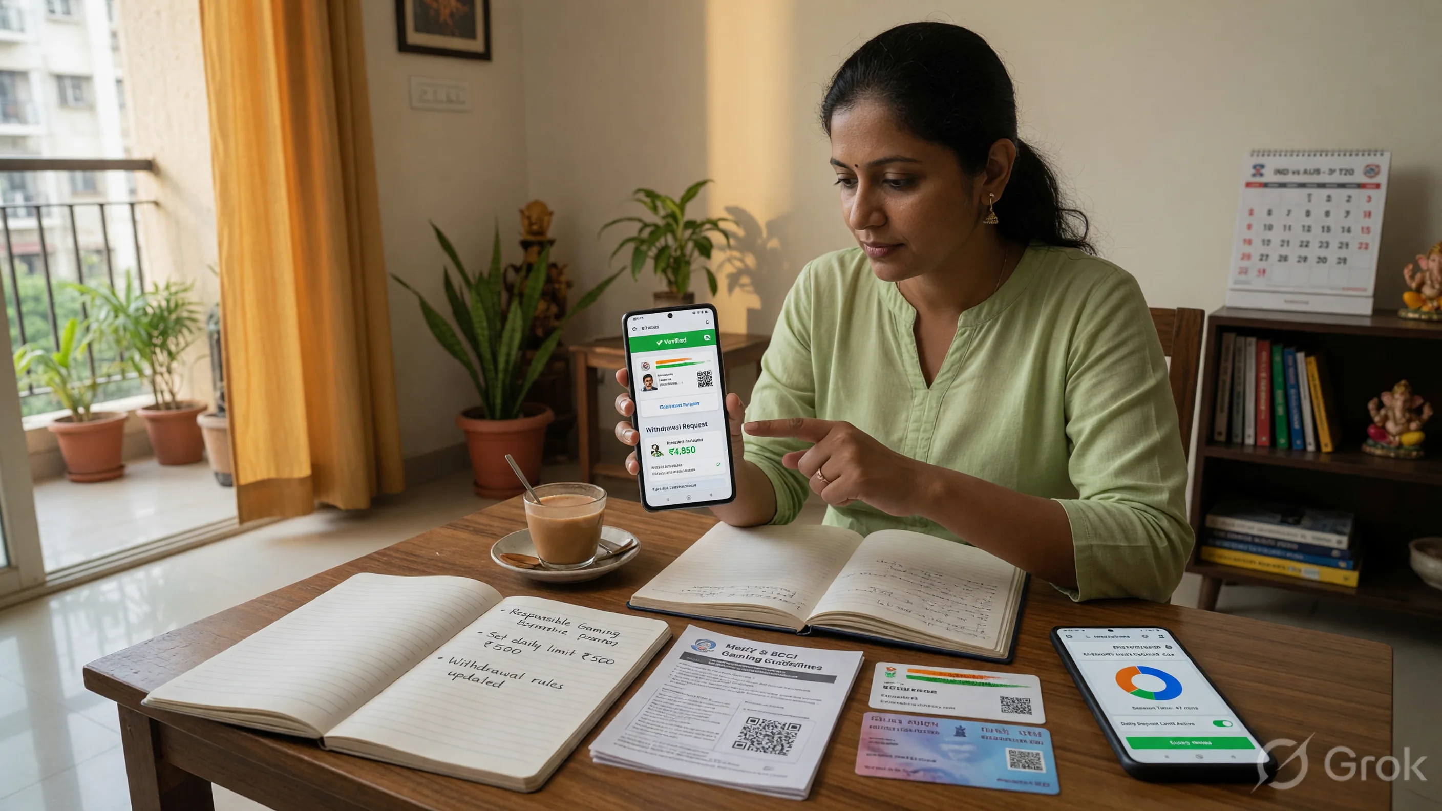 Person reviewing a mobile banking and app safety screen while preparing a fantasy cricket withdrawal