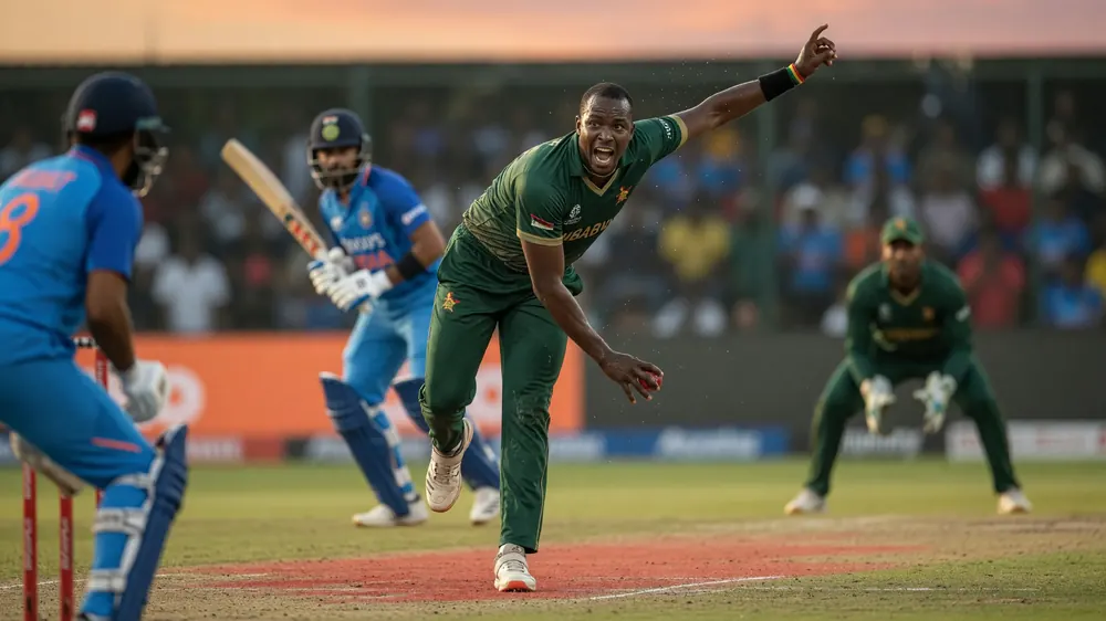Fast bowler in a dark green jersey delivers the ball while a batter in light blue waits on strike