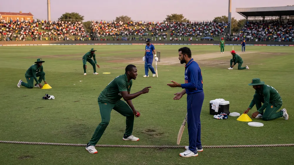 Fielding side in light blue confer near the rope while two batters in maroon and gold stand at the crease on a sunlit ground